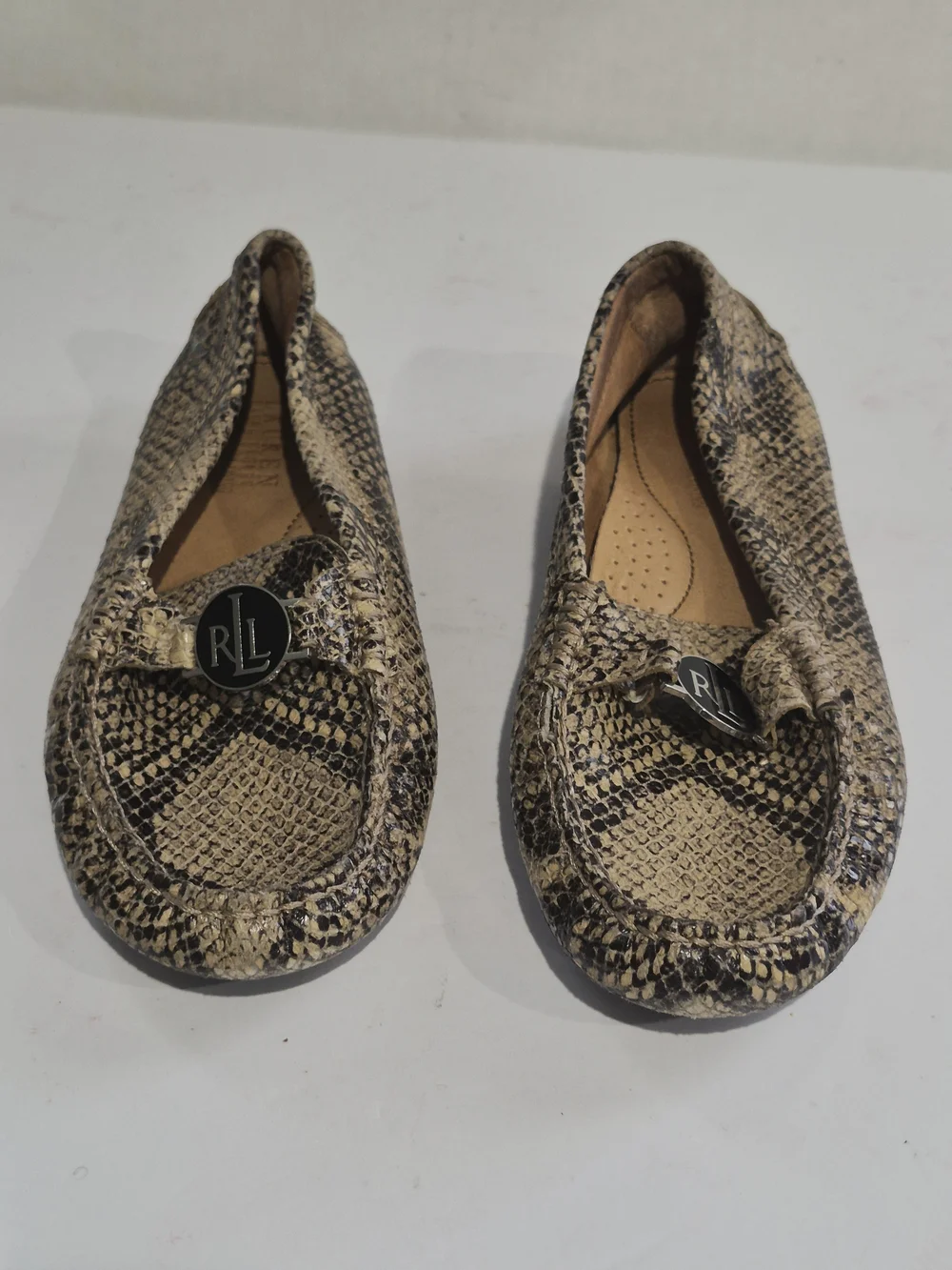Ralph Lauren Snake-Print Driving Loafers in Beige